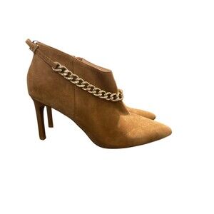 Cecelia New York Zane Brown Suede Leather Size 10M Woman Gold‎ Chain Stilettos